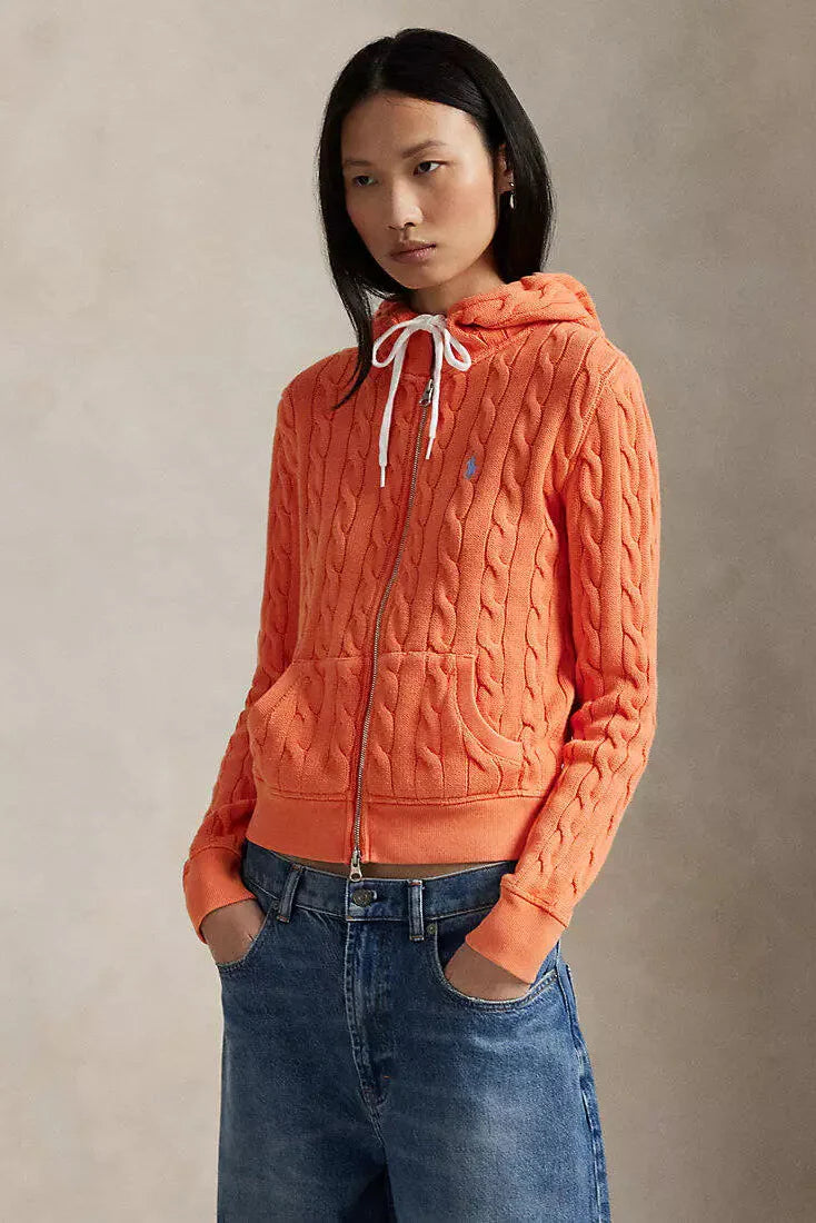 Baumwoll-Hoodie mit Zopfmuster und durchgehendem Reißverschluss