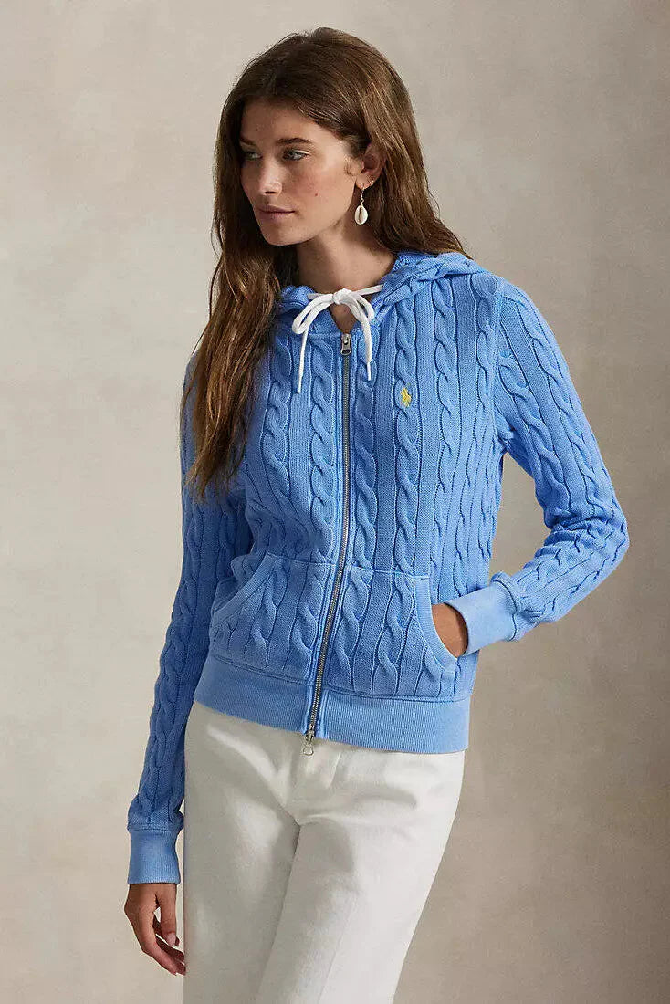 Baumwoll-Hoodie mit Zopfmuster und durchgehendem Reißverschluss