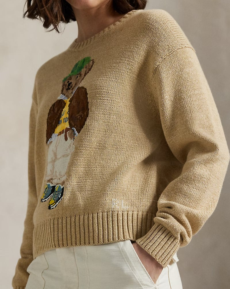 Polo Bear Baumwoll-Rundhalspullover in Beige