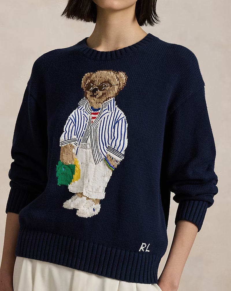 Polo Bear Baumwoll-Rundhalspullover in Marineblau