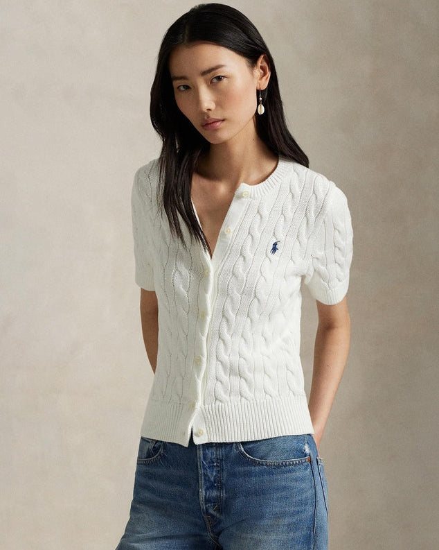 Kurzarm-Strickjacke aus Baumwolle mit Zopfmuster