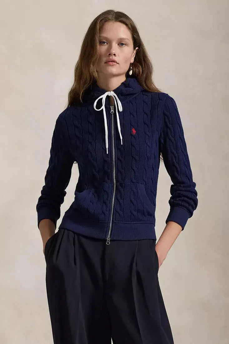 Baumwoll-Hoodie mit Zopfmuster und durchgehendem Reißverschluss