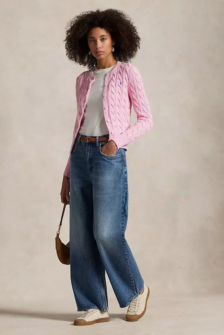 Baumwollstrickjacke mit Zopfmuster und Rundhalsausschnitt