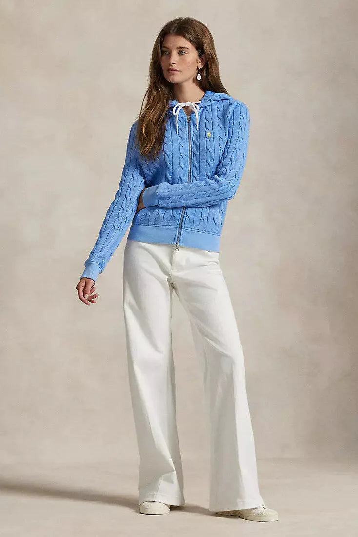 Baumwoll-Hoodie mit Zopfmuster und durchgehendem Reißverschluss