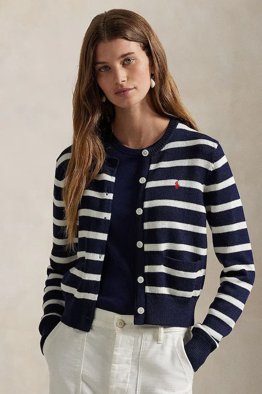 Gestreifte Baumwollstrickjacke mit Zopfmuster