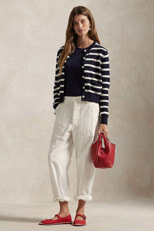 Gestreifte Baumwollstrickjacke mit Zopfmuster