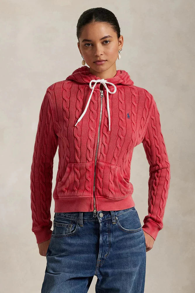 Baumwoll-Hoodie mit Zopfmuster und durchgehendem Reißverschluss