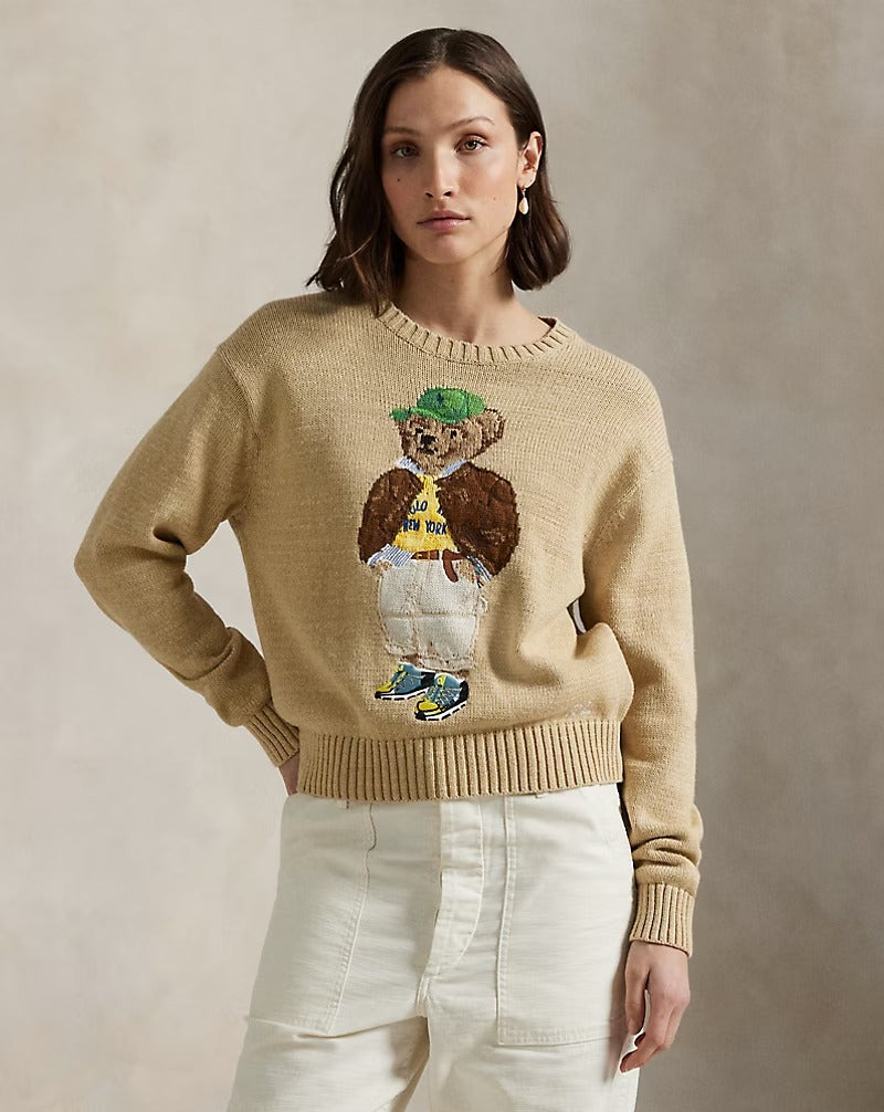Polo Bear Baumwoll-Rundhalspullover in Beige